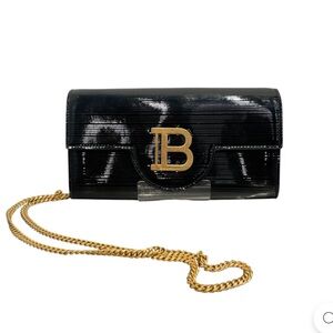 Balmain Black Patent Clutch with Gold Chain